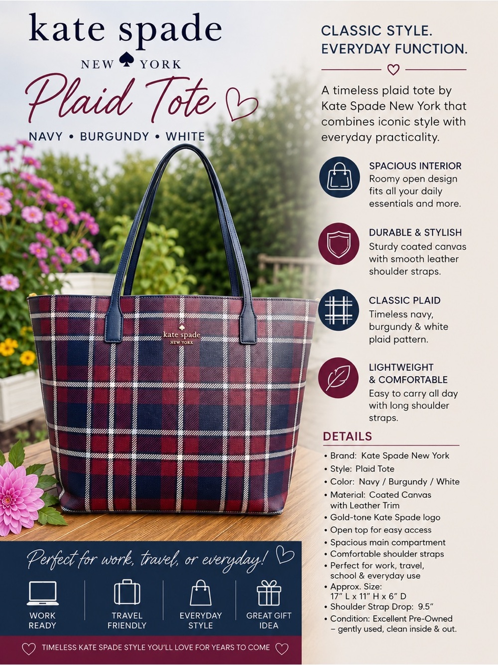 Kate Spade New York Shore Street Margareta Plaid Tote Bag - Navy, Red & White
